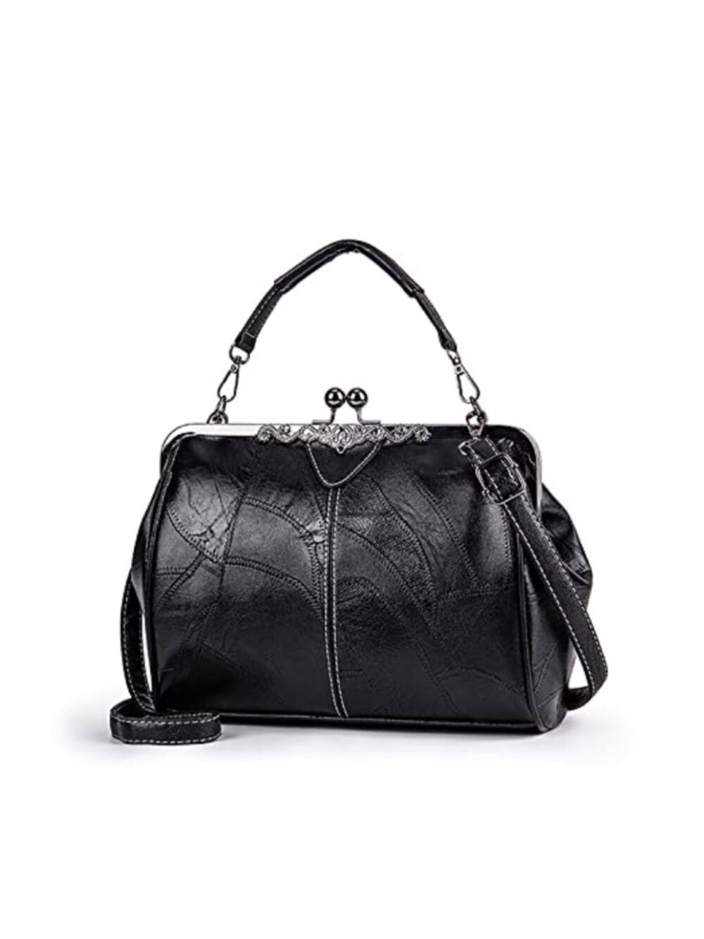Vintage Oil Leather Satchel Kiss Lock Crossbody Shoulder Bag Clutch Purse
